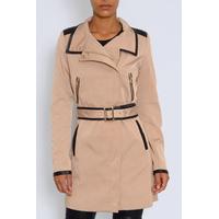 Beige Belted PU Trim Trench Coat