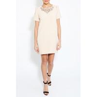 Beige Diamante Trim Shift Dress