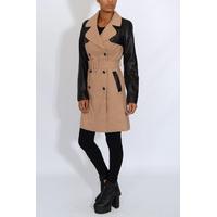 Beige And Black PU Sleeve Trench Coat