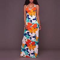 Beach Holiday Sexy Vintage Boho Bodycon Slim DressFloral Backless Criss-Cross U Neck Maxi Sleeveless Summer Fall Mid Rise