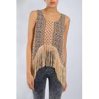 Beige Paisley Printed Fringe Top