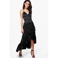 Bea Satin Ruffle Wrap Maxi Dress - black