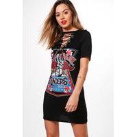 Beth Lace Up Detail Band Print T-shirt Dress - black