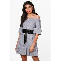 Belted Gingham Off Shoulder Dress - blue