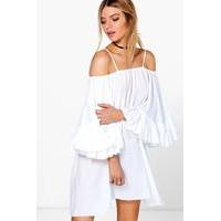 bell sleeve cold shoulder dress white