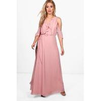 Beth Ruffle Cold Shoulder Wrap Maxi Dress - dusky pink