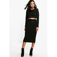 Belted Midi Skirt & Crop Co-ord Set - black