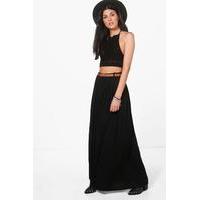 Belted Floor Sweeping Maxi Skirt - black