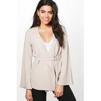 Bell Sleeve Belted Woven Blazer - stone