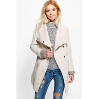 Belted Longline Wool Look Coat - stone