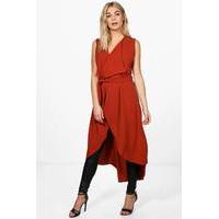 Belted Sleeveless Waterfall Duster - rust