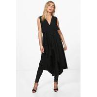 Belted Sleeveless Waterfall Duster - black