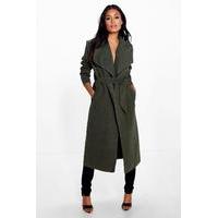 belted shawl collar coat khaki