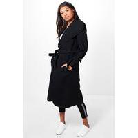 Belted Wool Coat With Tie Cuff Detail - black