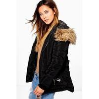 Belted Quilted Jacket With Faux Fur Hood - black