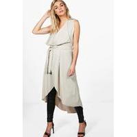 Belted Sleeveless Waterfall Duster - stone