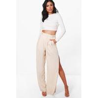 belted tailored wide leg split side trousers cream