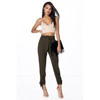 Belted Tailored Tie Ankle Slim Trousers - khaki