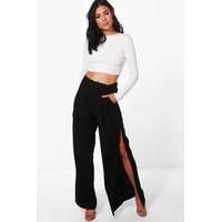 belted tailored wide leg split side trousers black