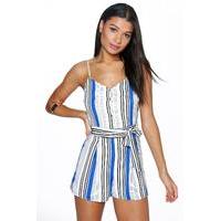 Belted Striped Cami Playsuit - blue