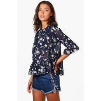 Bethany Floral Lace Up Ruffle Woven Blouse - blue
