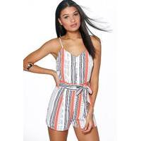 Belted Striped Cami Playsuit - coral