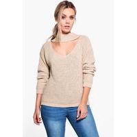 Belinda V Neck Choker Detail Jumper - stone