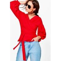 bell sleeve wrapover top red