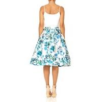 bell blue floral printed midi skirt with box pleat detail