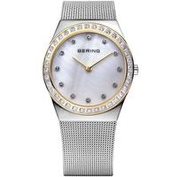 bering ladies classic two tone mother of pearl stone dial mesh bracele ...