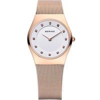 bering ladies classic rose gold plated stone dial mesh bracelet watch  ...