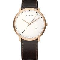 Bering Mens Classic Rose Gold Plated Brown Leather Strap Watch 11139-564