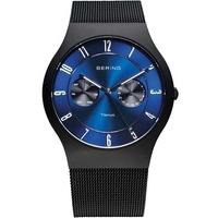 Bering Mens Black Titanium Blue Date Dials Mesh Bracelet Watch 11939-078