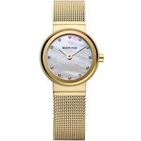 Bering Ladies Classic Gold Plated Mother Of Pearl Stone Set Mesh Bracelet Watch 10122-334