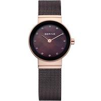 bering ladies classic rose gold plated mother of pearl stone dial mesh ...