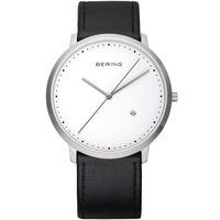 bering mens white dial black leather strap watch 11139 404