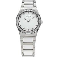 Bering Ladies White Silver Ceramic Stainless Steel Stone Set Bracelet Watch 32430-754