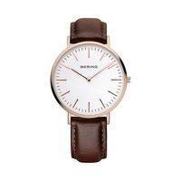Bering Gents 38mm Rose Gold Plate Brown Leather Watch