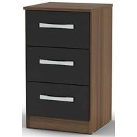 birlea lynx walnut and black gloss bedside cabinet 3 drawer