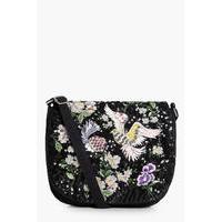 Bird & Floral Embellished Saddle Bag - black