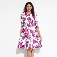 Big Yard Ladies Going out Vintage Sheath / Swing Dress, Floral Round Neck Knee-length ¾ Sleeve Blue / Pink Cotton All