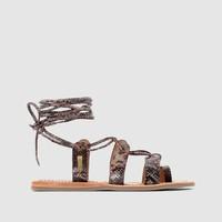 Bird Flat Lizard Skin Print Leather Sandals