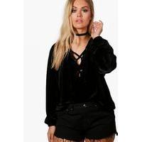 Bianca Velvet Lace Up Hooded Top - black