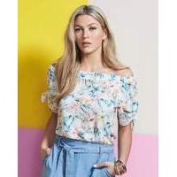 Bird Print Bardot Blouse with Tie Sleeve