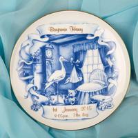 blue stork delft style new baby plate