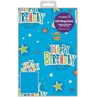 blue silver birthday 2 sheet gift wrap pack