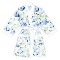 Blue Watercolour Floral Silky Kimono Robe on White - Small