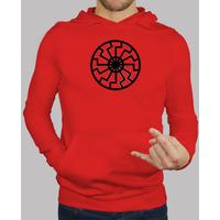 black sun logo, sweatshirt, red
