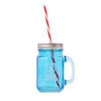 Blue Glass Mason Jar with Handle, Lid and Straw