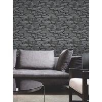 Black and Silver Stone Slate Effect Wallpaper - Fine Decor